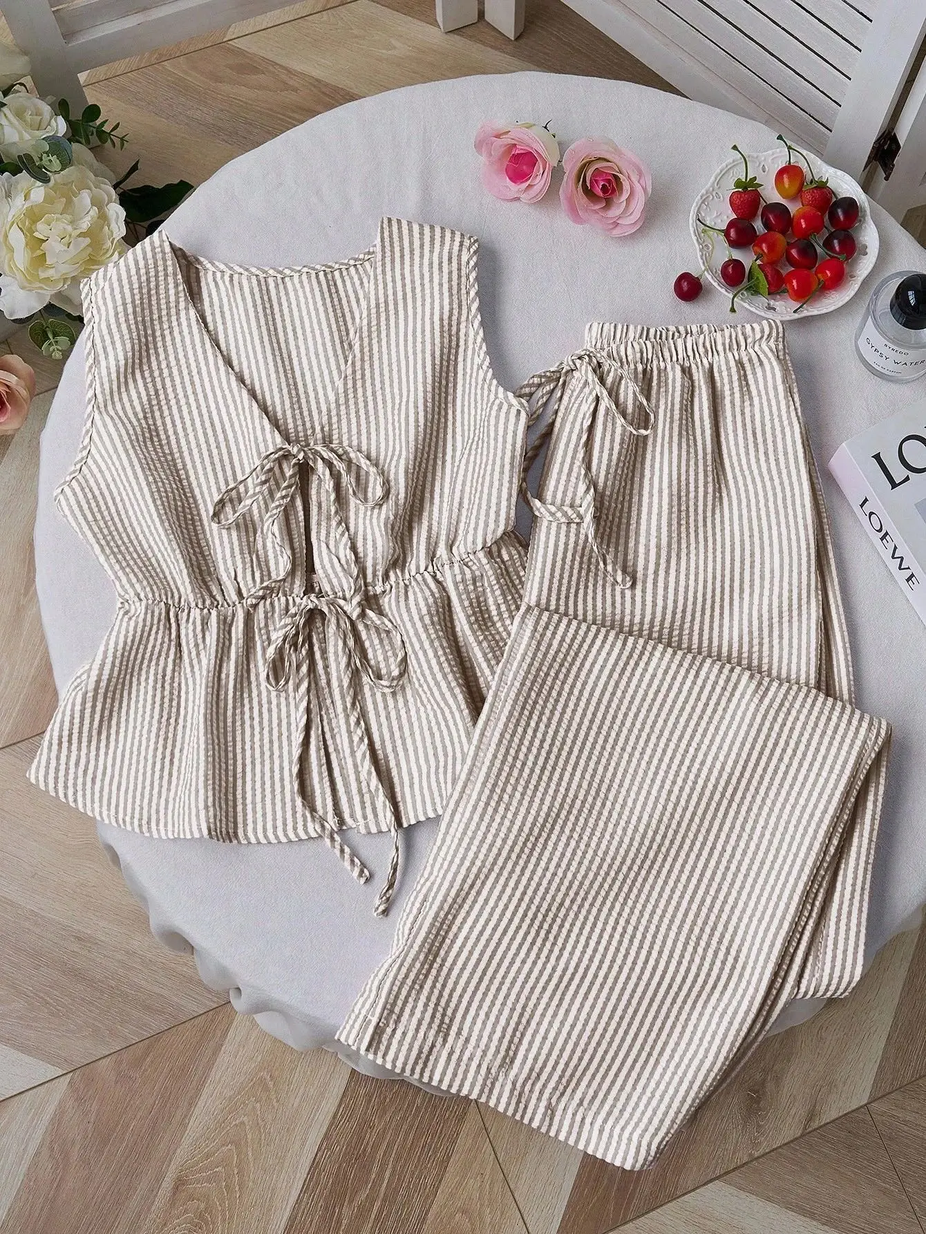 2026 Summer Two Piece Set Women Striped V Neck Lace Up Sleeveless Blouse High Waist Wide Leg Pants Suits Sweet Casual Tracksuits