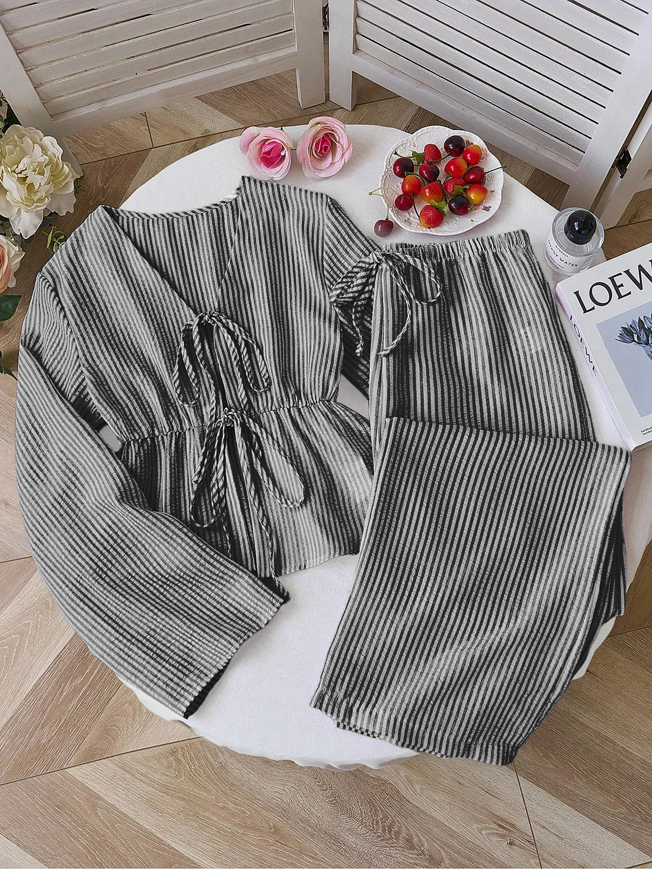 2026 Summer Two Piece Set Women Striped V Neck Lace Up Sleeveless Blouse High Waist Wide Leg Pants Suits Sweet Casual Tracksuits