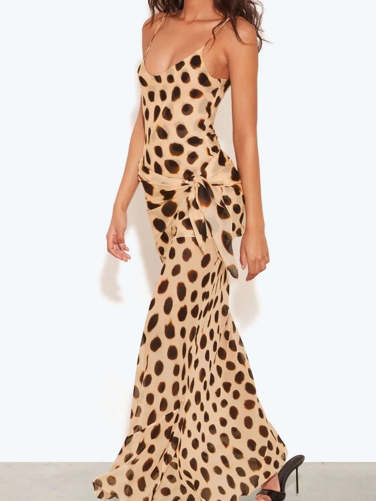 Elegant Animal Print Maxi Dress Detachable Scarf Spaghetti Strap Tie Waist Slim Fit Skirt Women Summer Party Vacation Outfit New