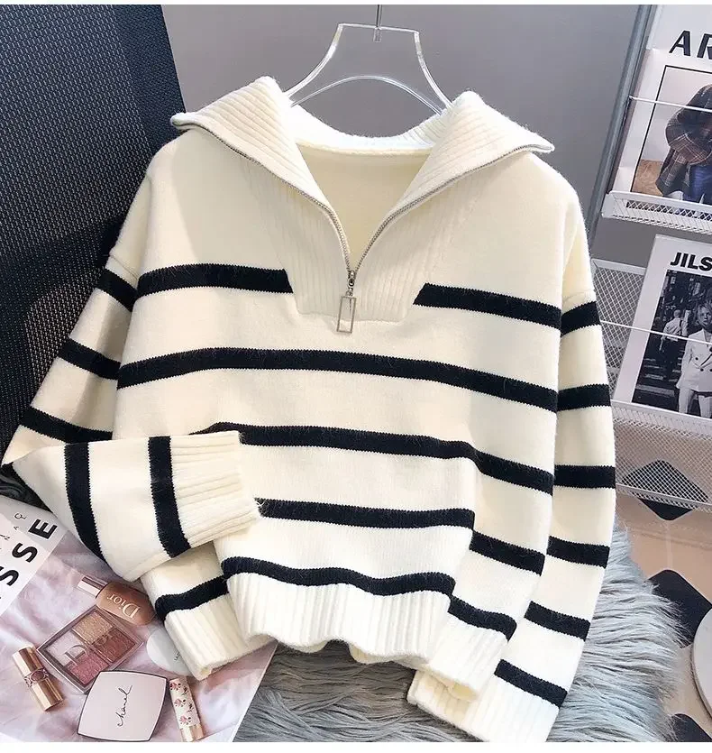 Sweater Pullover Women Autumn Winter Underwear 2026 New Zipper Stripe Underlay Short Style Popular Premium Sweater Female