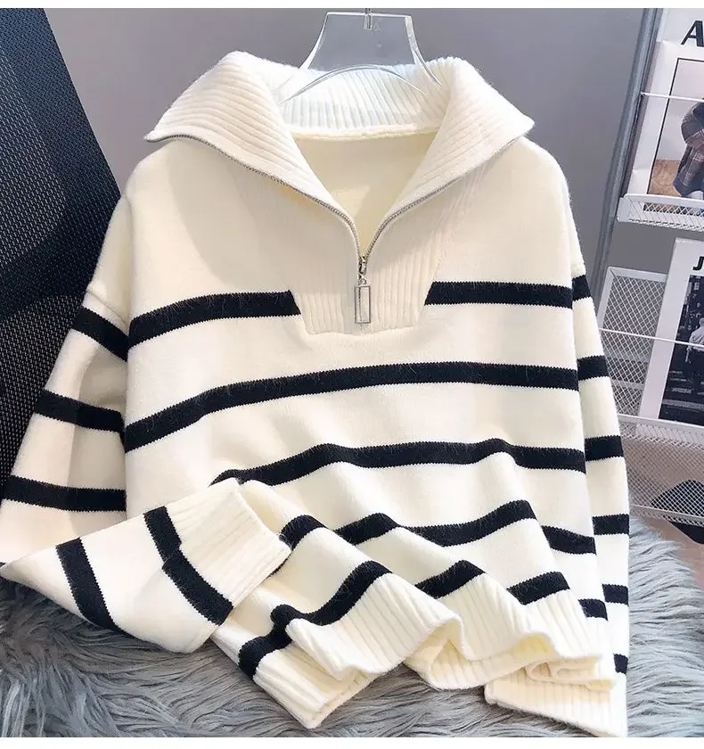 Sweater Pullover Women Autumn Winter Underwear 2026 New Zipper Stripe Underlay Short Style Popular Premium Sweater Female