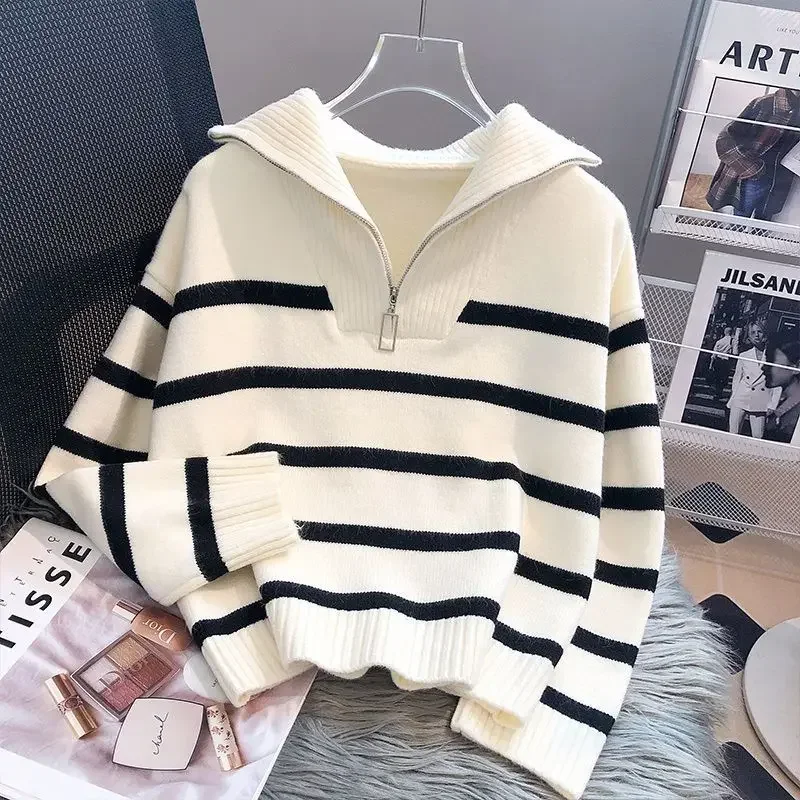 Sweater Pullover Women Autumn Winter Underwear 2026 New Zipper Stripe Underlay Short Style Popular Premium Sweater Female