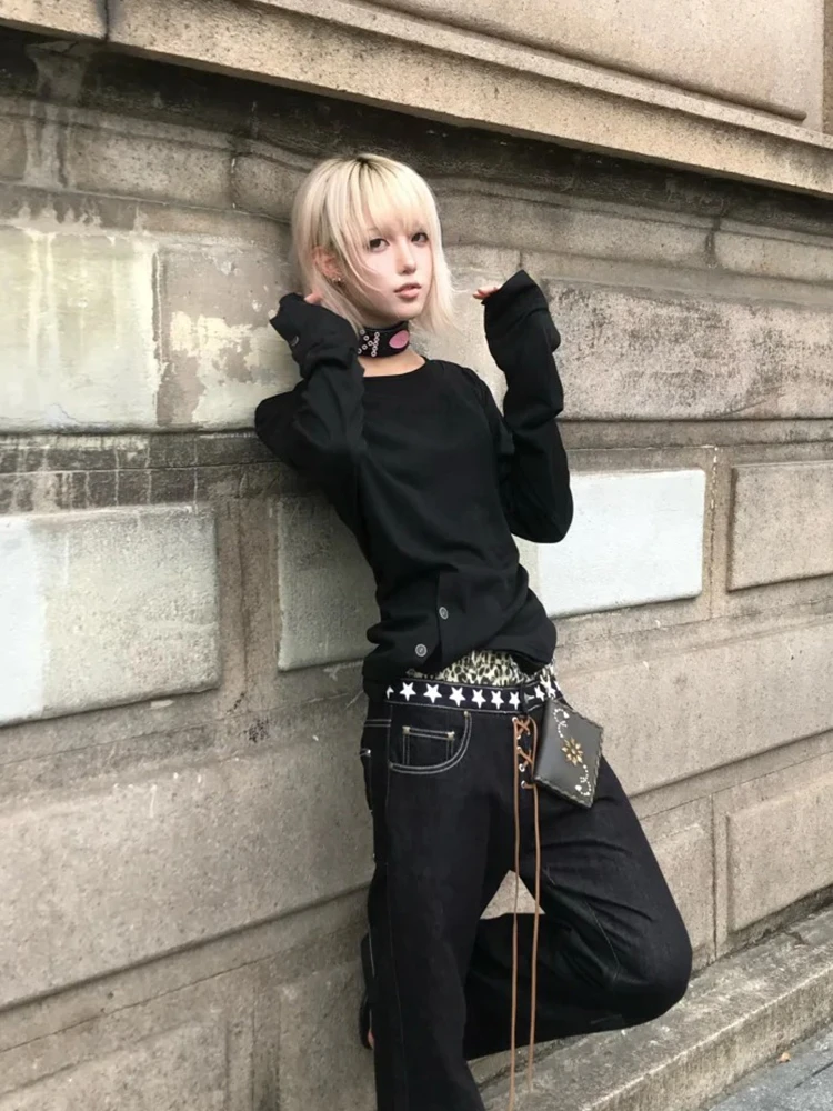 Genayooa Gothic Vintage T-shirt Women Long Sleeve Button Y2k Retro Black Grunge Tops Streetwear 2000s Print Tshirts Autumn