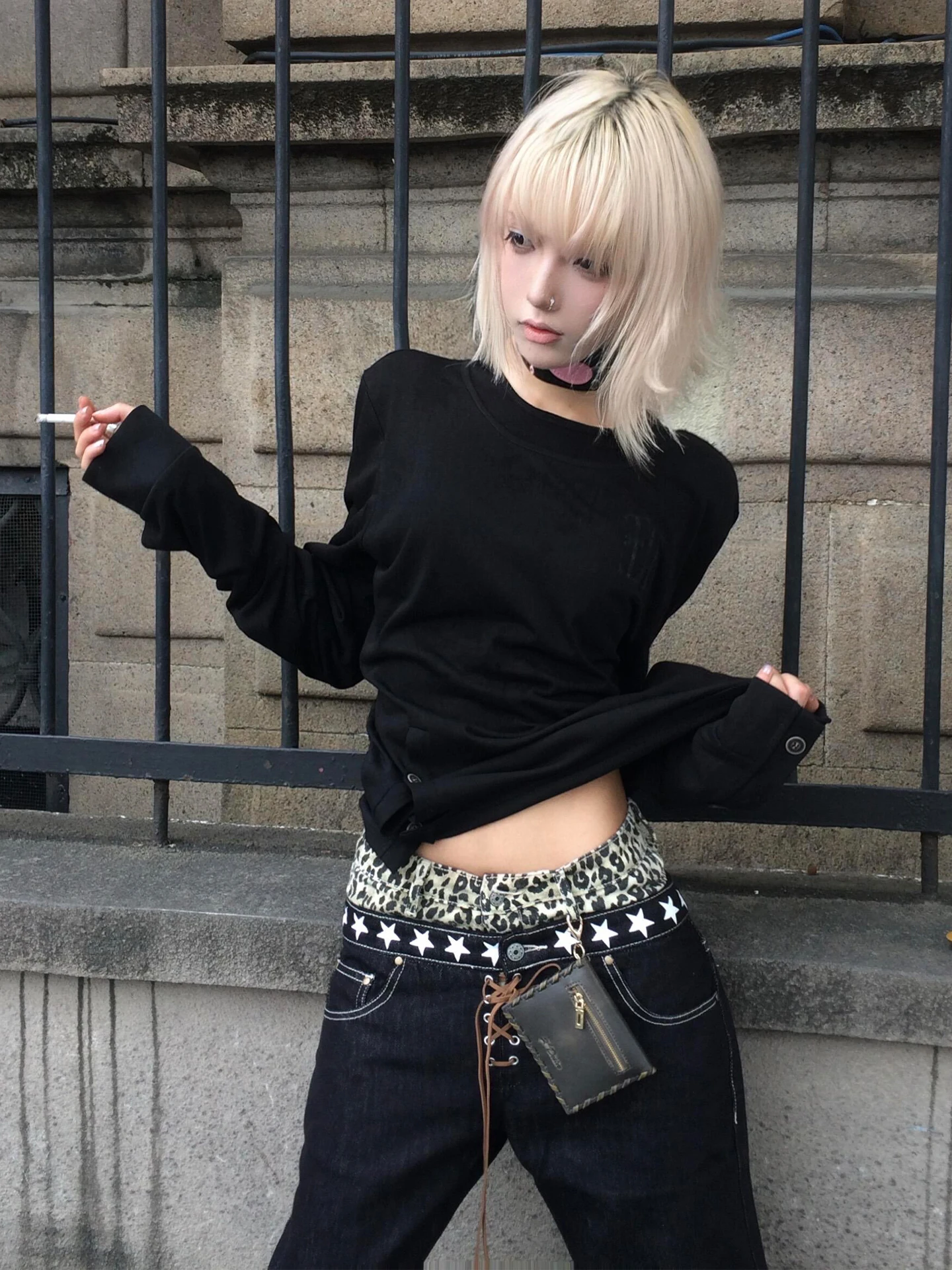 Genayooa Gothic Vintage T-shirt Women Long Sleeve Button Y2k Retro Black Grunge Tops Streetwear 2000s Print Tshirts Autumn