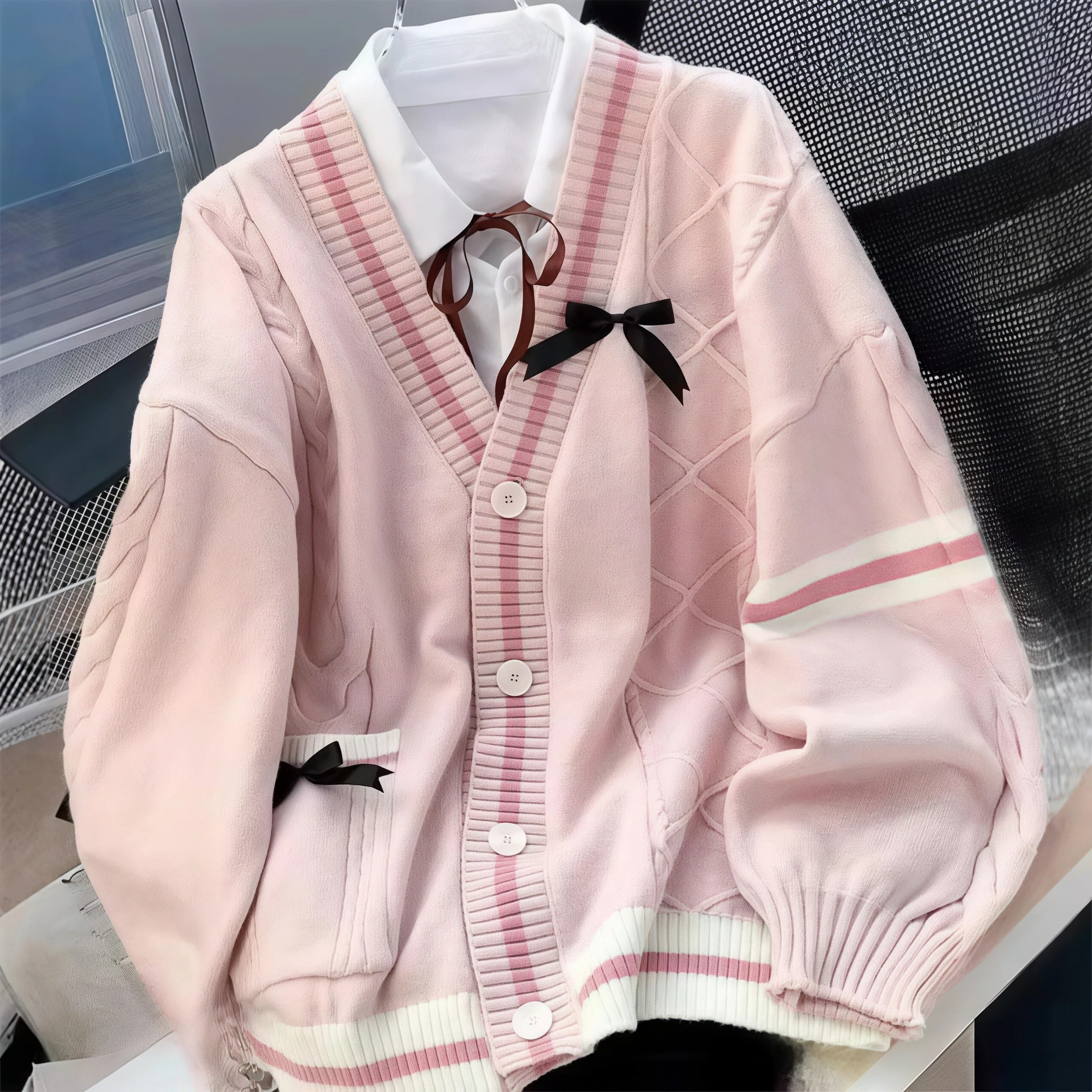 Sweet Bow Decor Knit Cardigan Women V‑Neck Plaid Cable Knit Loose Preppy Style Pink Striped Sweater Coat