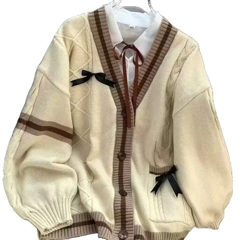 Sweet Bow Decor Knit Cardigan Women V‑Neck Plaid Cable Knit Loose Preppy Style Pink Striped Sweater Coat
