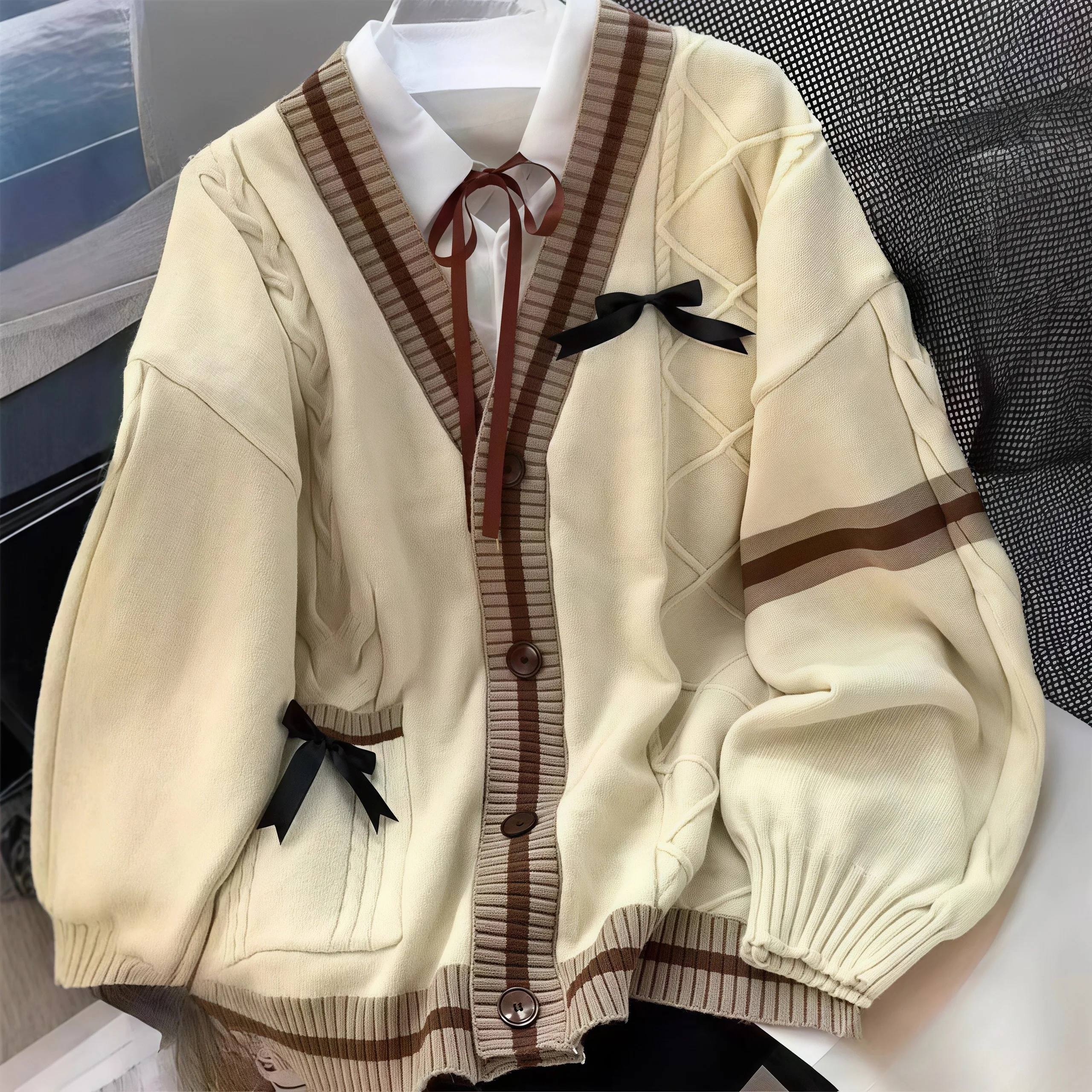 Sweet Bow Decor Knit Cardigan Women V‑Neck Plaid Cable Knit Loose Preppy Style Pink Striped Sweater Coat