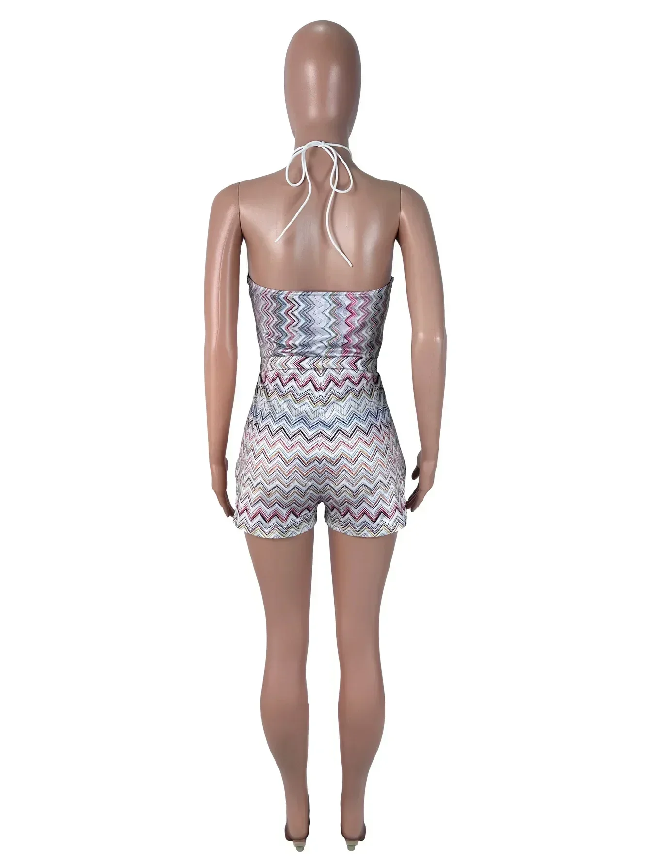 Women Halter Neck Zigzag Print Knit Romper, Sleeveless Backless Multicolor Chevron Jumpsuit, Summer Beach Playsuit