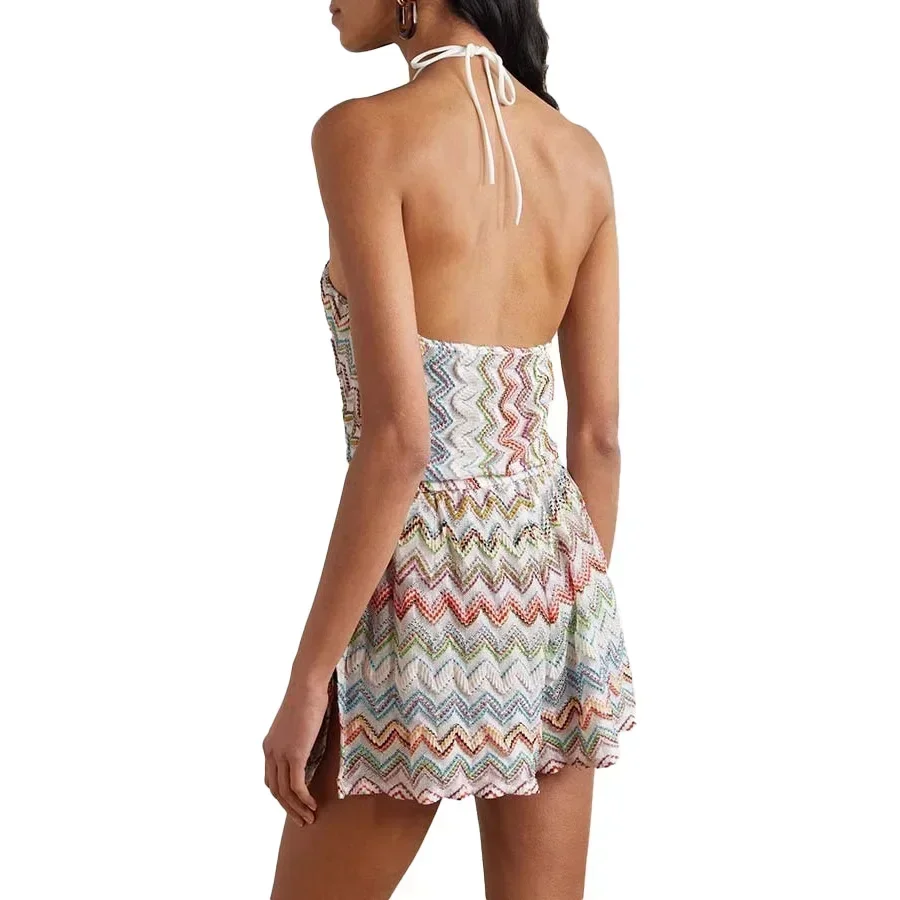 Women Halter Neck Zigzag Print Knit Romper, Sleeveless Backless Multicolor Chevron Jumpsuit, Summer Beach Playsuit