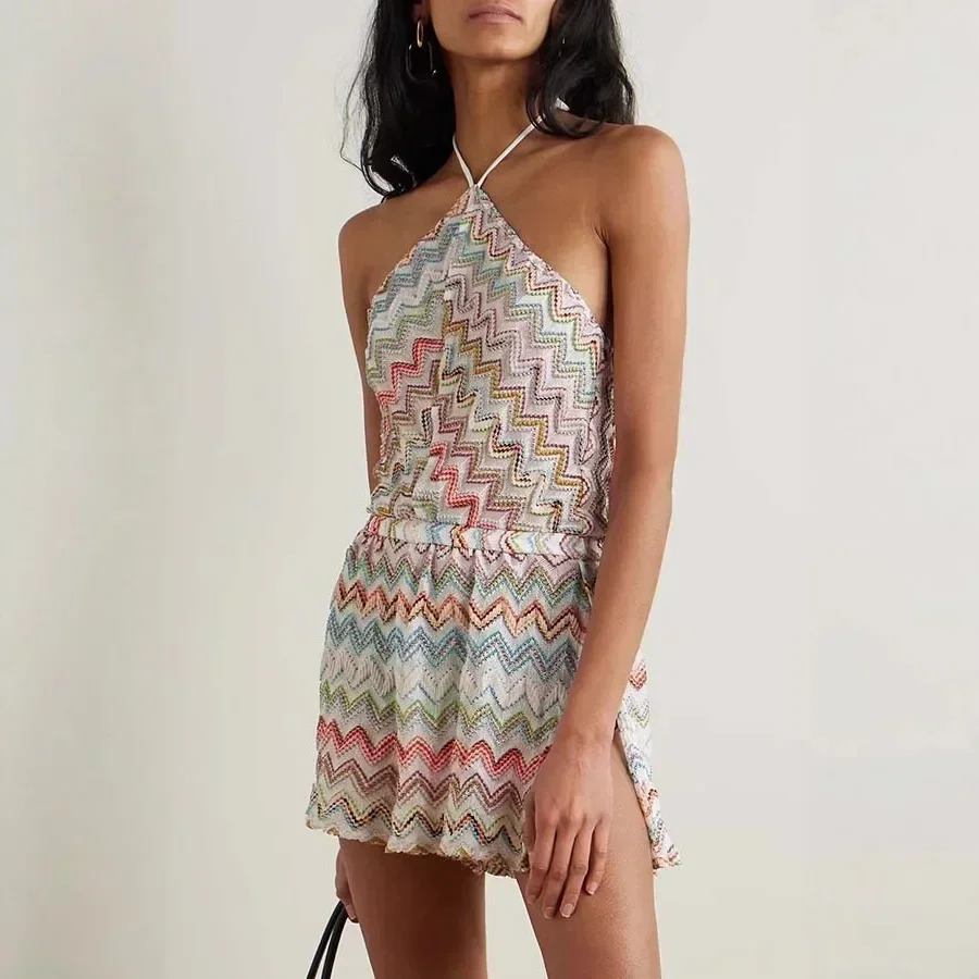 Women Halter Neck Zigzag Print Knit Romper, Sleeveless Backless Multicolor Chevron Jumpsuit, Summer Beach Playsuit