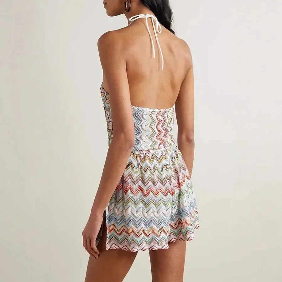 Women Halter Neck Zigzag Print Knit Romper, Sleeveless Backless Multicolor Chevron Jumpsuit, Summer Beach Playsuit