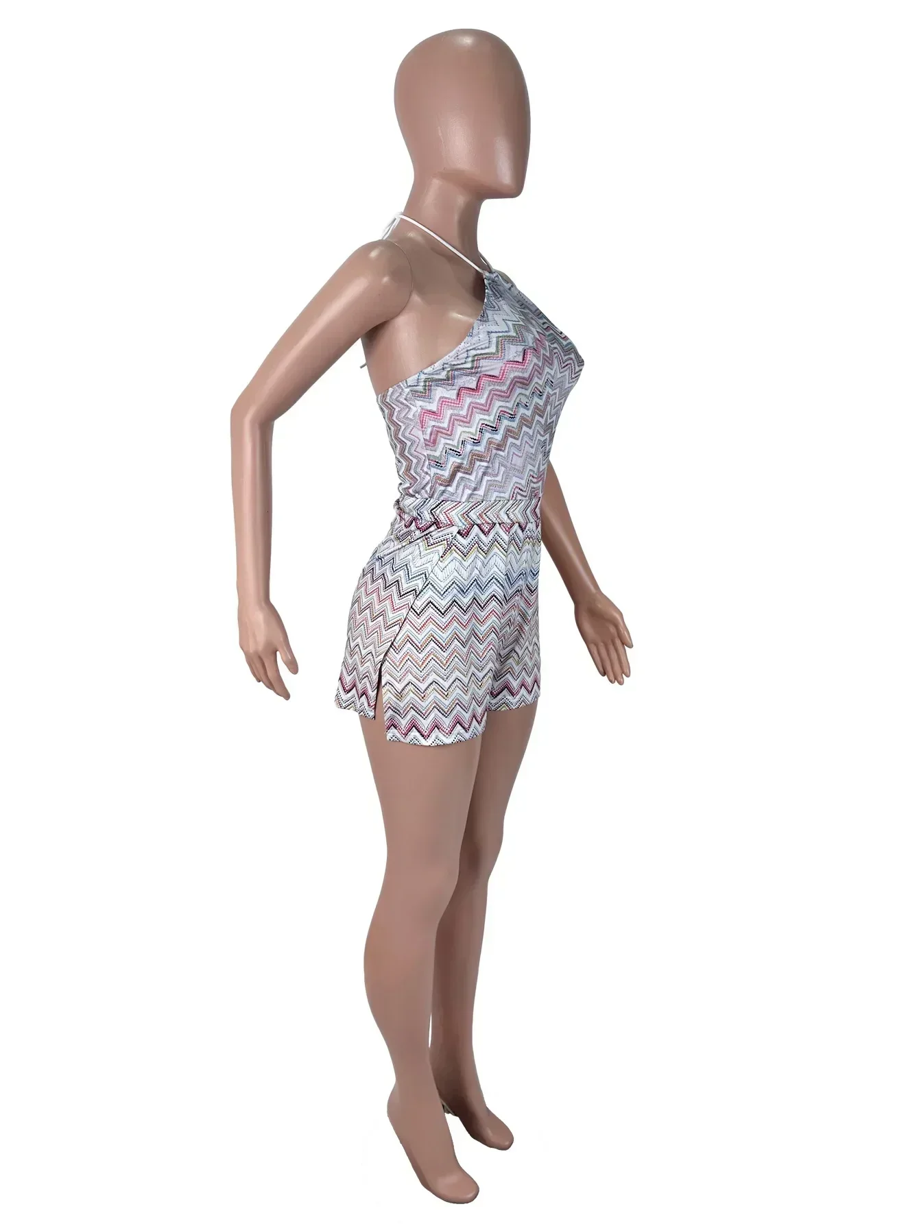 Women Halter Neck Zigzag Print Knit Romper, Sleeveless Backless Multicolor Chevron Jumpsuit, Summer Beach Playsuit