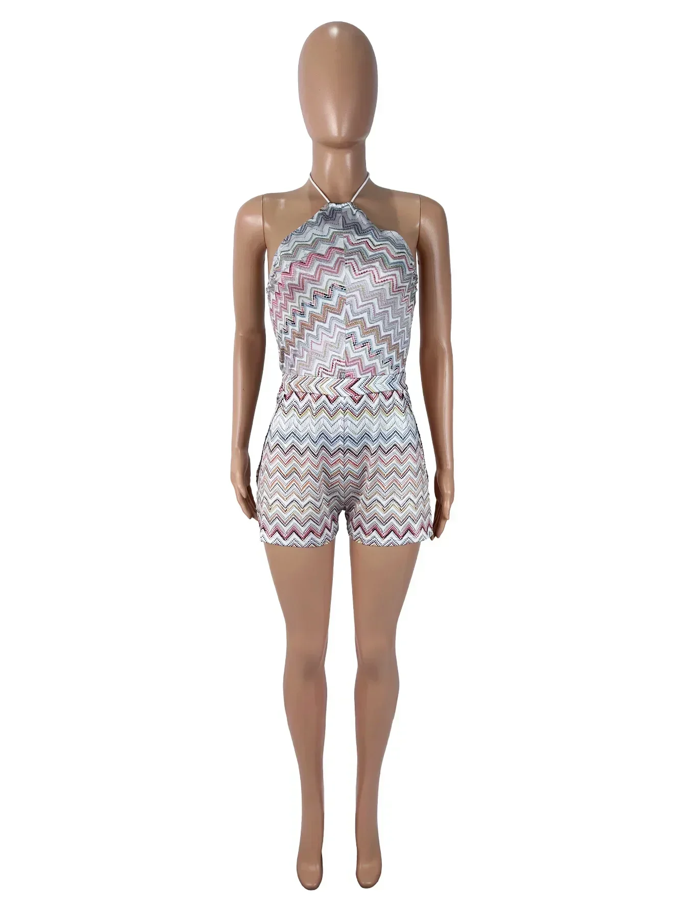 Women Halter Neck Zigzag Print Knit Romper, Sleeveless Backless Multicolor Chevron Jumpsuit, Summer Beach Playsuit