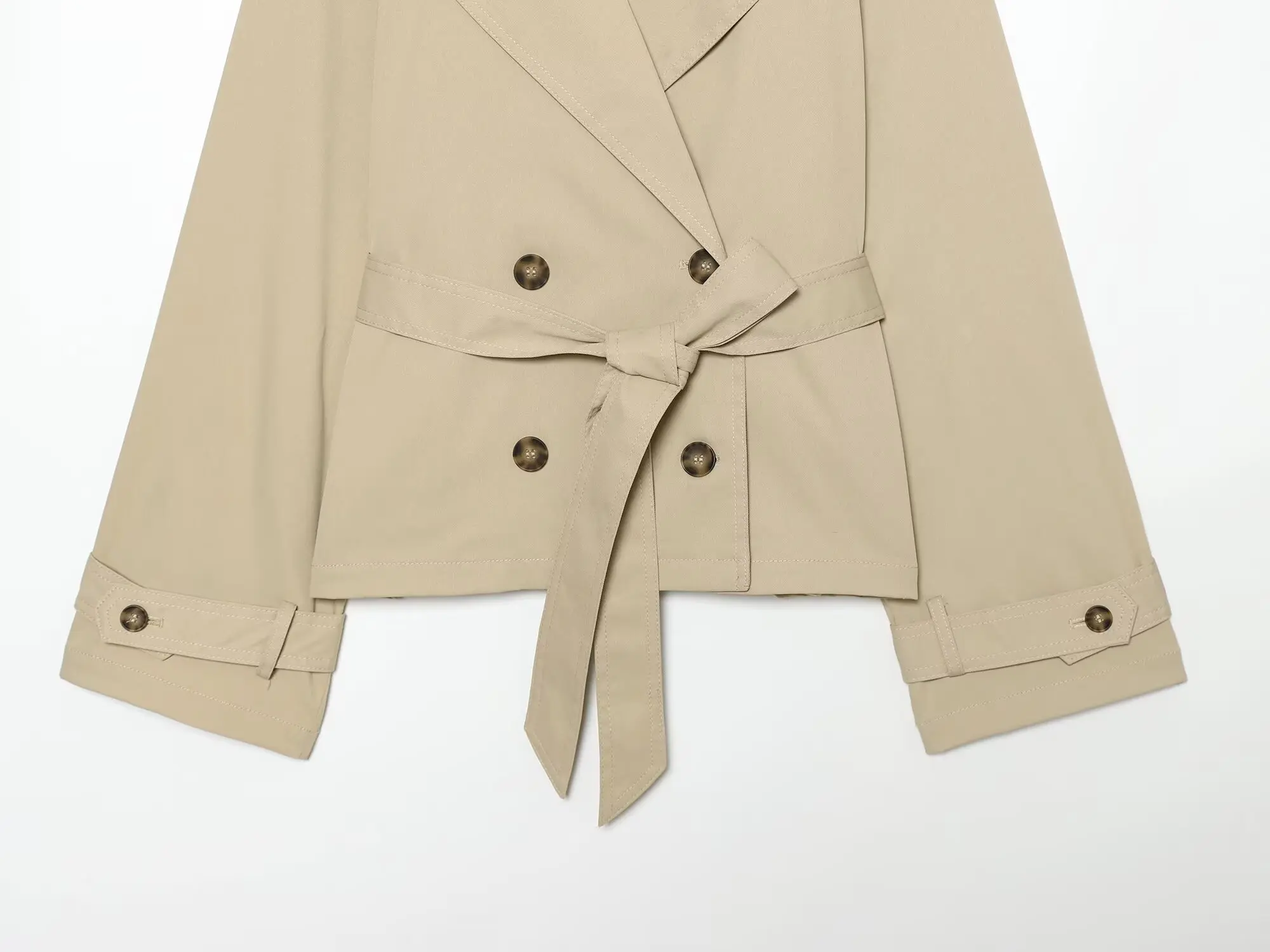 BSAY 2026 Women Short Trench Coat Lapel Double Breasted Belted Waist Long Sleeve Cropped Windbreaker Casual Commuter Outerwear