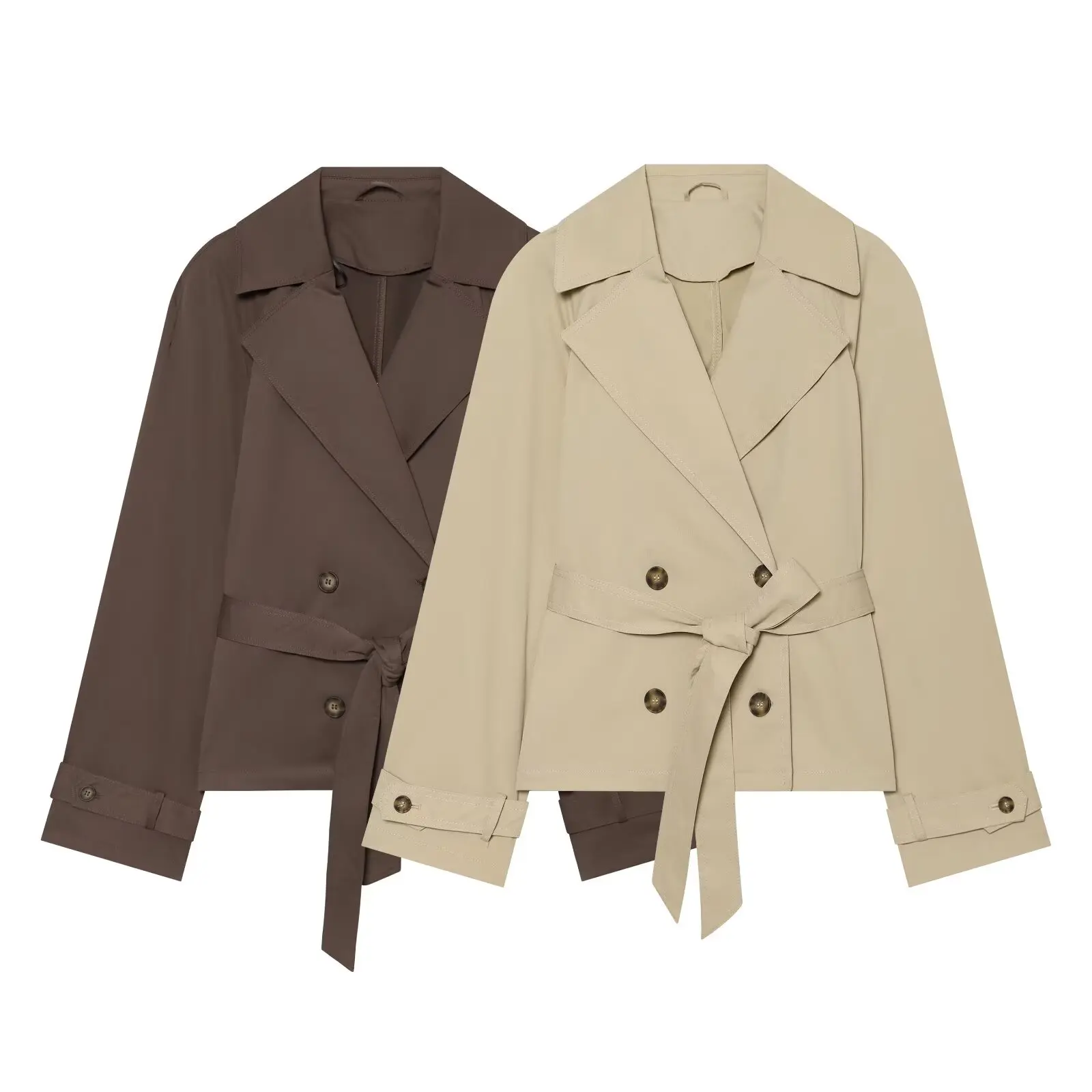 BSAY 2026 Women Short Trench Coat Lapel Double Breasted Belted Waist Long Sleeve Cropped Windbreaker Casual Commuter Outerwear