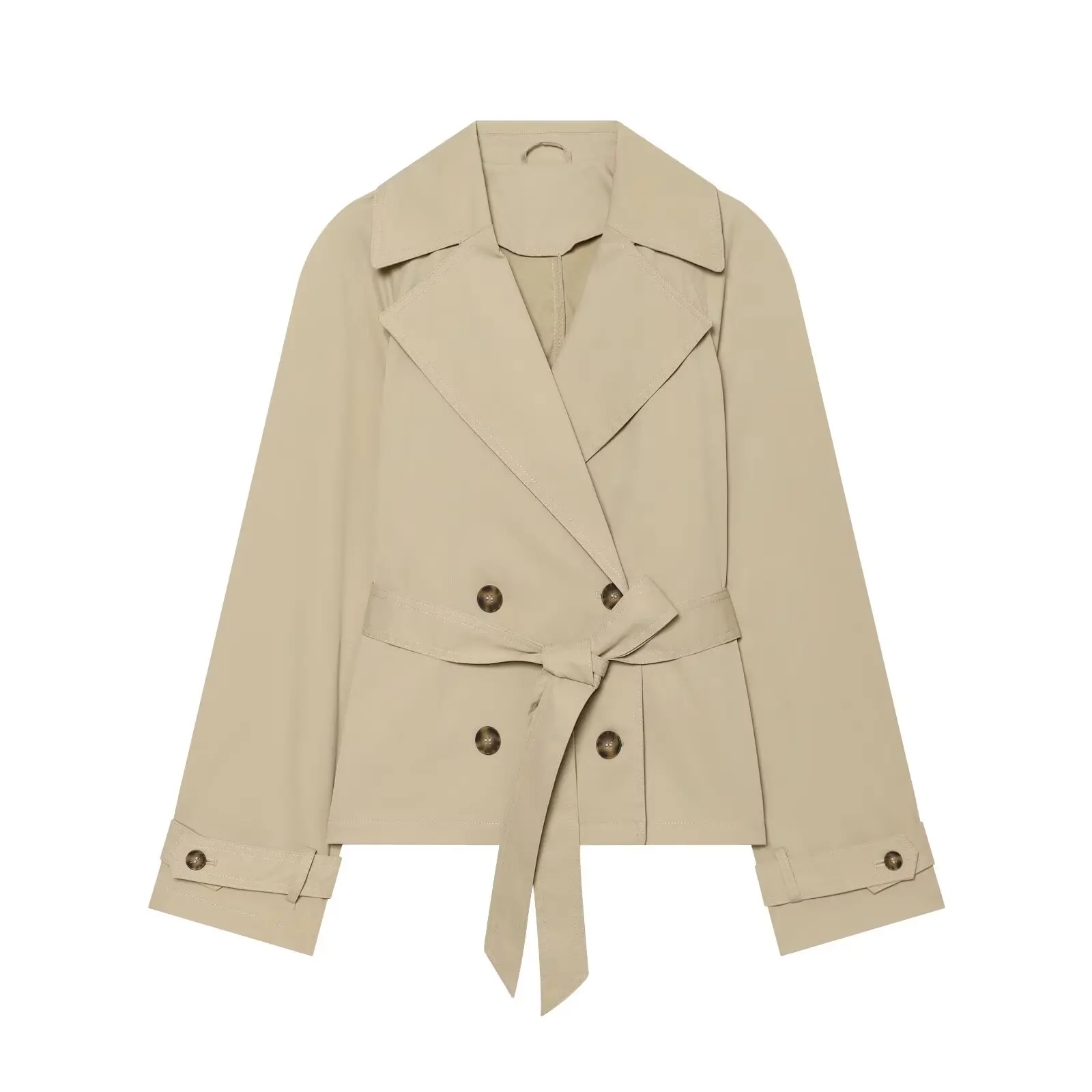 BSAY 2026 Women Short Trench Coat Lapel Double Breasted Belted Waist Long Sleeve Cropped Windbreaker Casual Commuter Outerwear