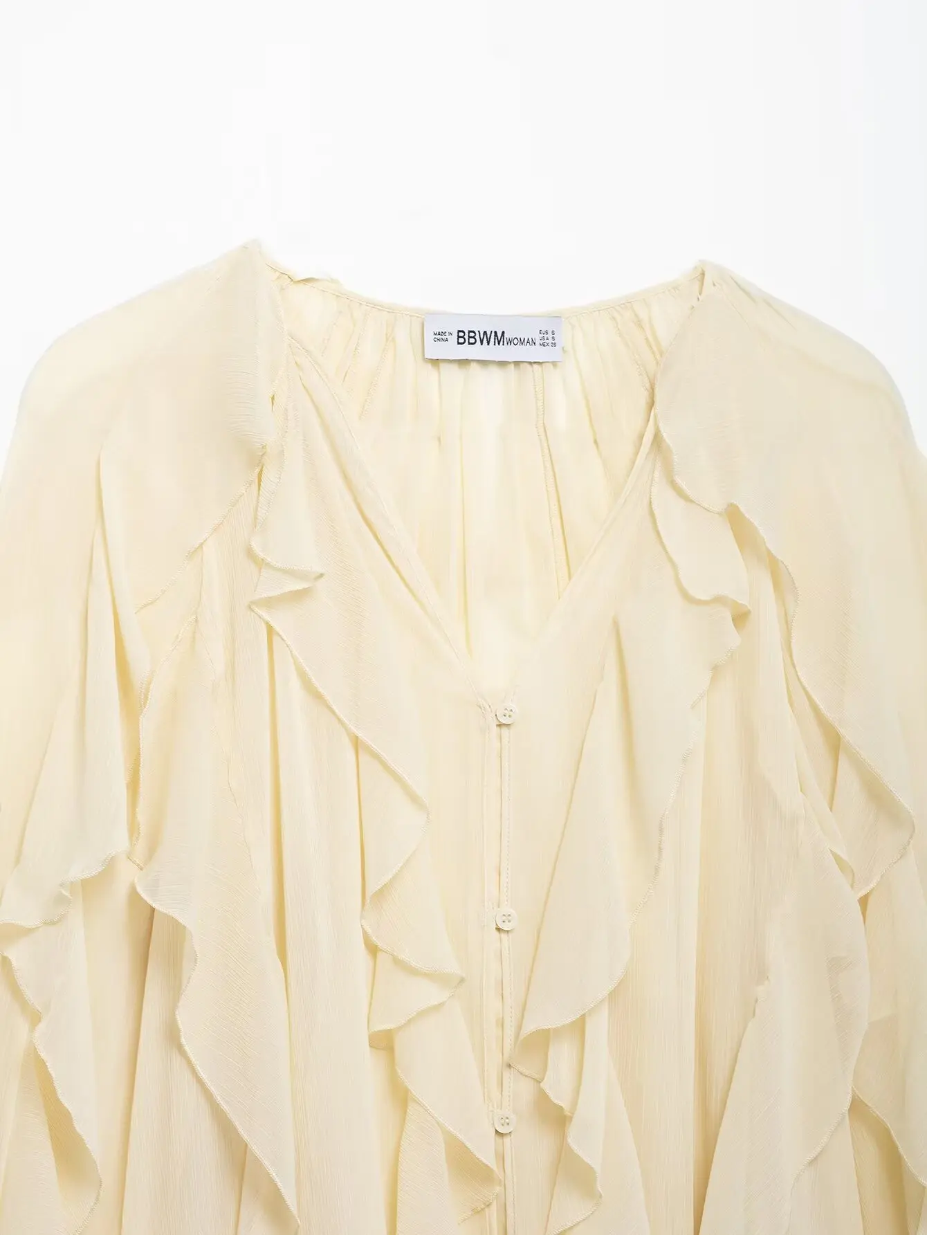 DUOPERI Women Fashion Solid Ruffled Blouse Vintage V-Neck Long Sleeves Female Chic Lady Shirts