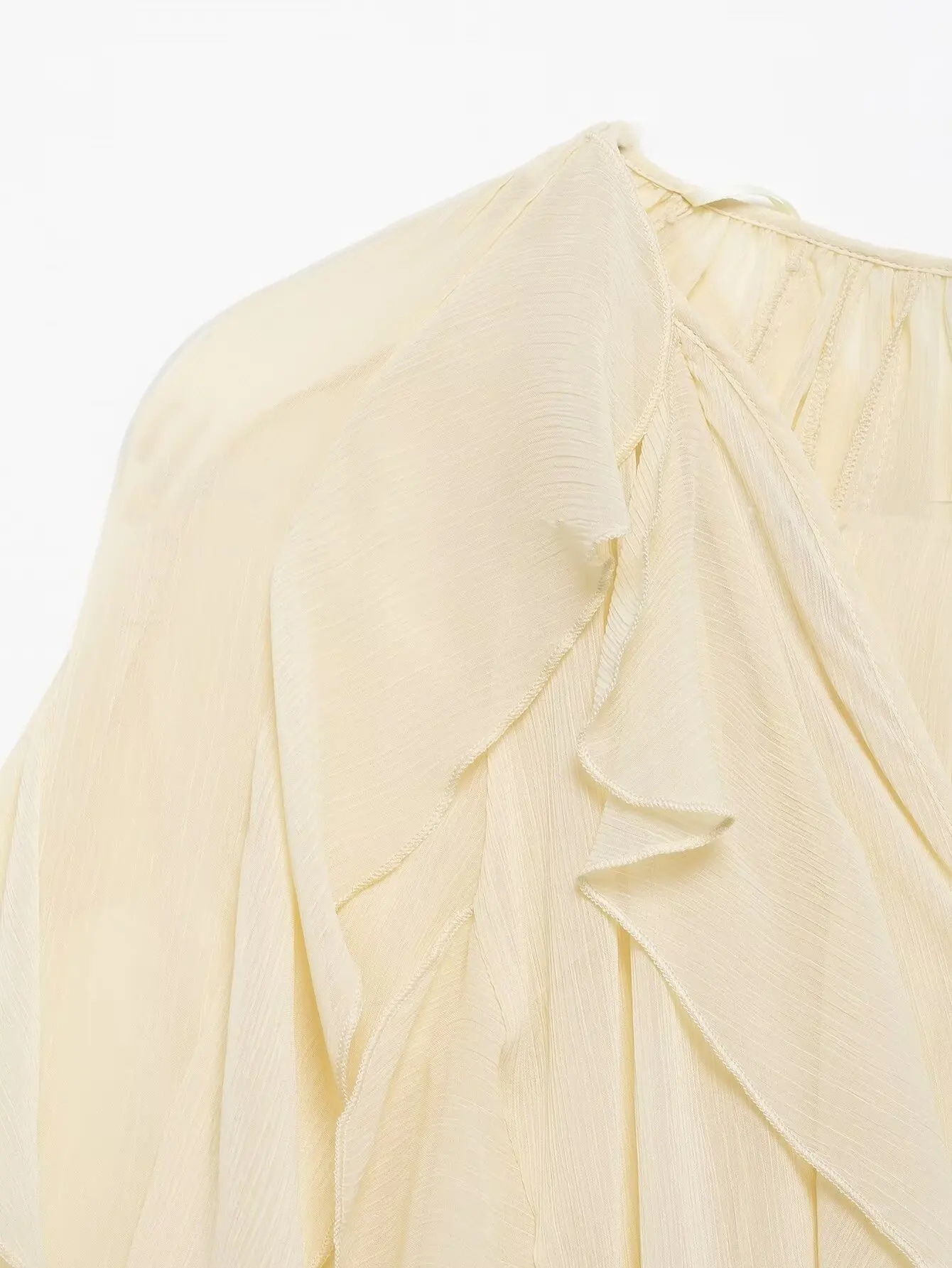 DUOPERI Women Fashion Solid Ruffled Blouse Vintage V-Neck Long Sleeves Female Chic Lady Shirts
