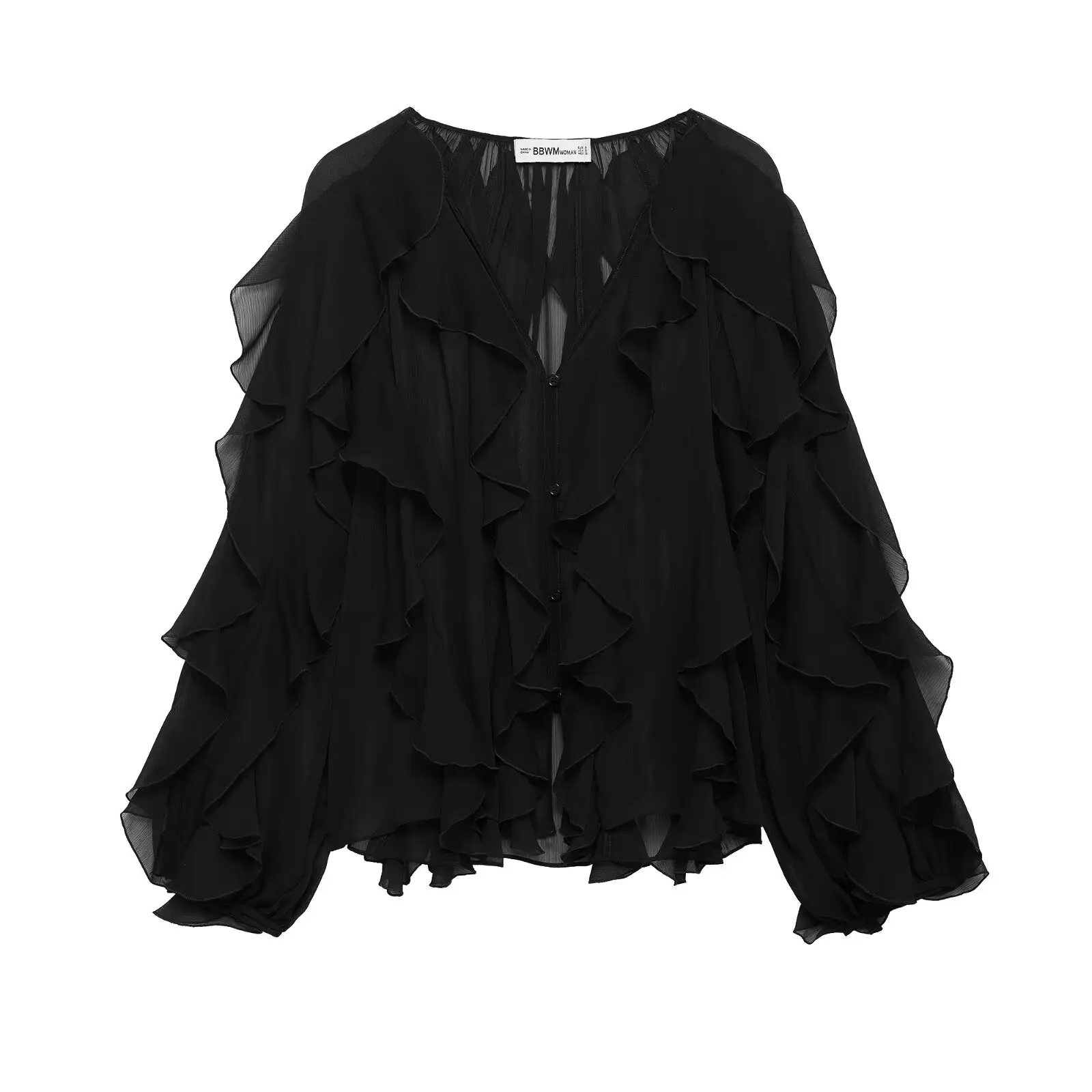 DUOPERI Women Fashion Solid Ruffled Blouse Vintage V-Neck Long Sleeves Female Chic Lady Shirts