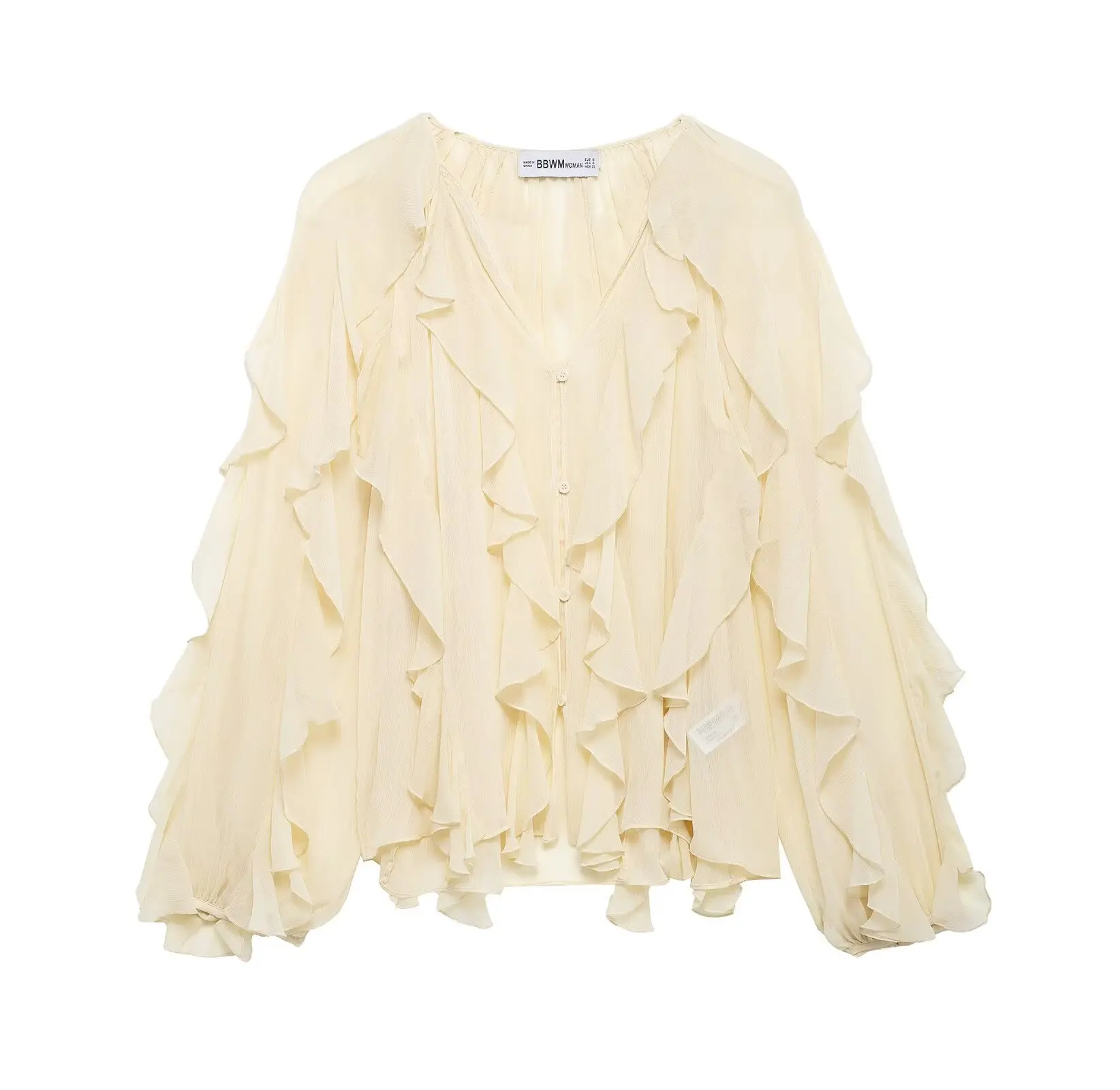 DUOPERI Women Fashion Solid Ruffled Blouse Vintage V-Neck Long Sleeves Female Chic Lady Shirts