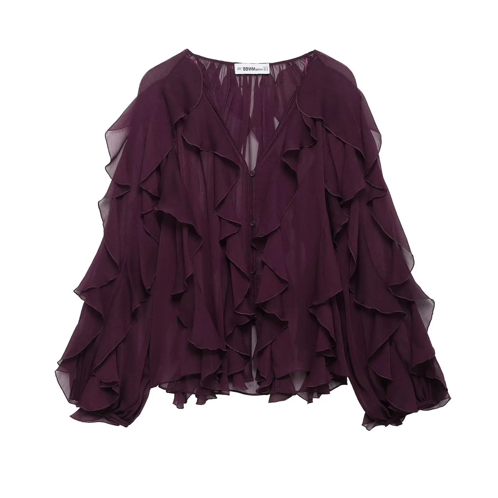 DUOPERI Women Fashion Solid Ruffled Blouse Vintage V-Neck Long Sleeves Female Chic Lady Shirts