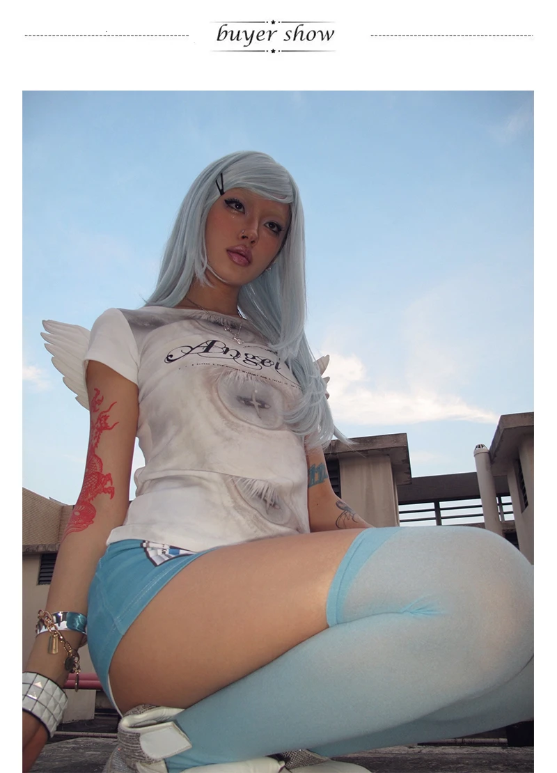 Karrram Trashy Y2k Angel Print T-shirt Grunge Aesthetics Short Sleeve Tops With Wings Vintage Fairycore Streetwear 2000s Retro