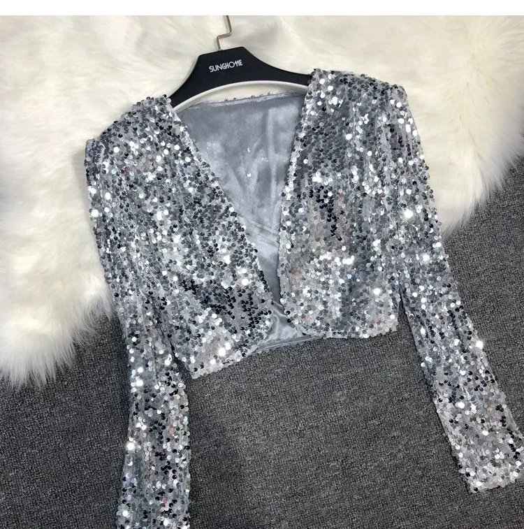 Street Fashion Joker Short Edition Sequins Small Suit Sparkling Bead Piece Suit Small Jacket Tank Top Jazz Dance Performance