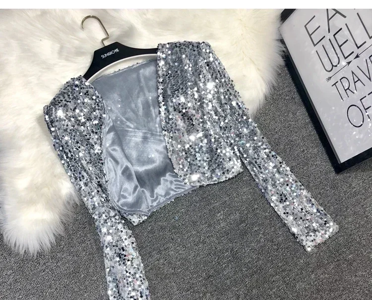 Street Fashion Joker Short Edition Sequins Small Suit Sparkling Bead Piece Suit Small Jacket Tank Top Jazz Dance Performance