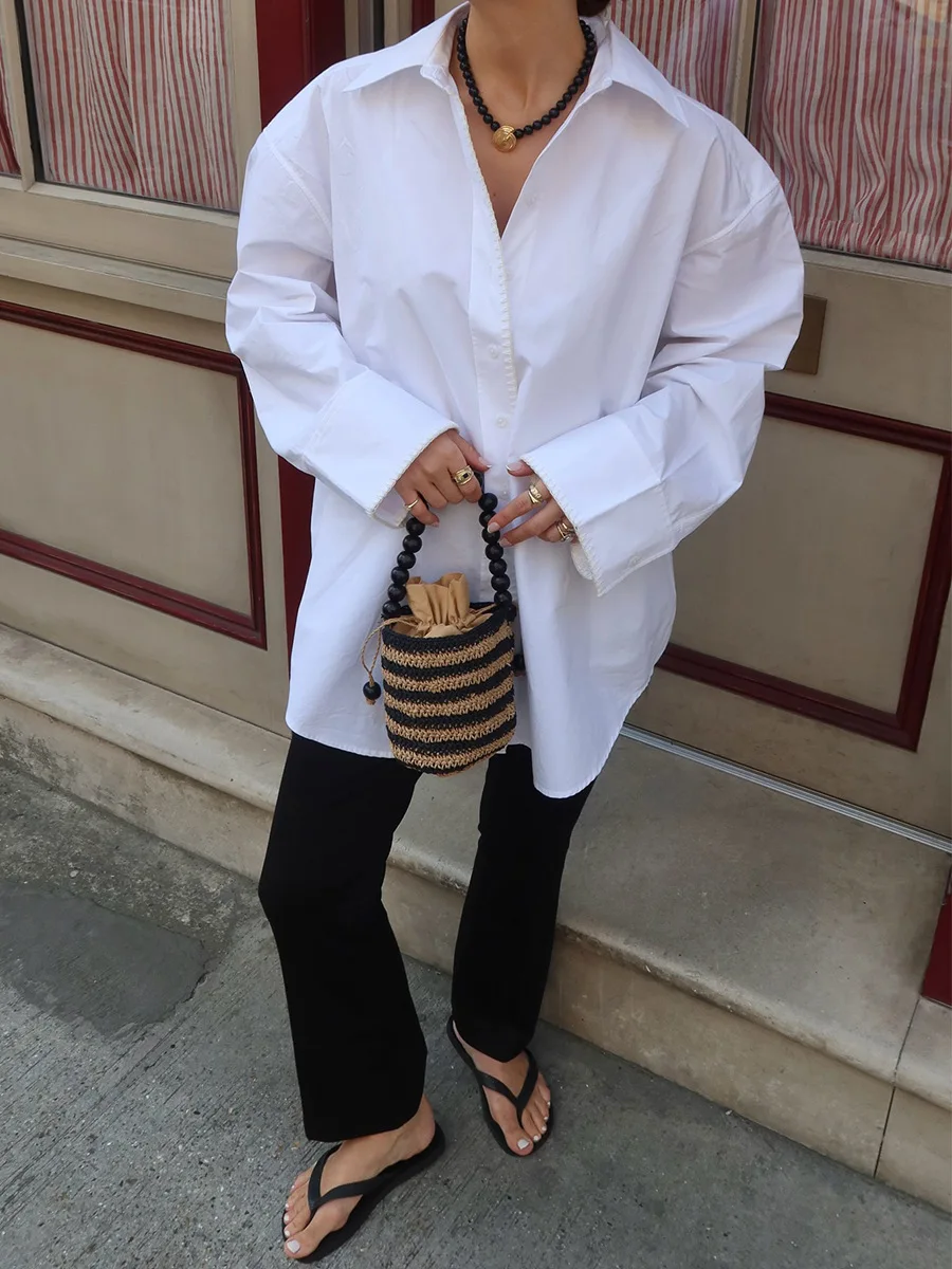 Bornladies Cotton Women's Minimalist White Long Sleeve Shirt New Autumn Lapel Single Breasted Shirts Loose Blouse