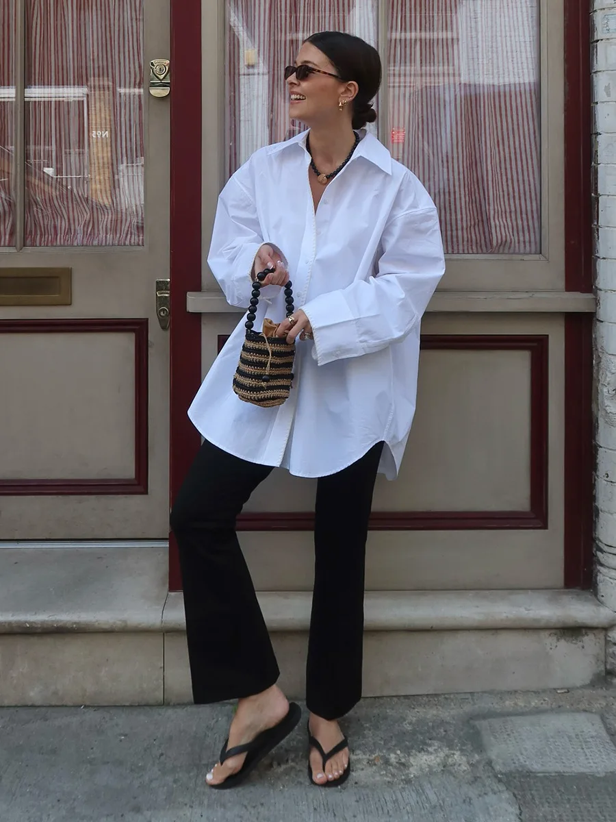 Bornladies Cotton Women's Minimalist White Long Sleeve Shirt New Autumn Lapel Single Breasted Shirts Loose Blouse