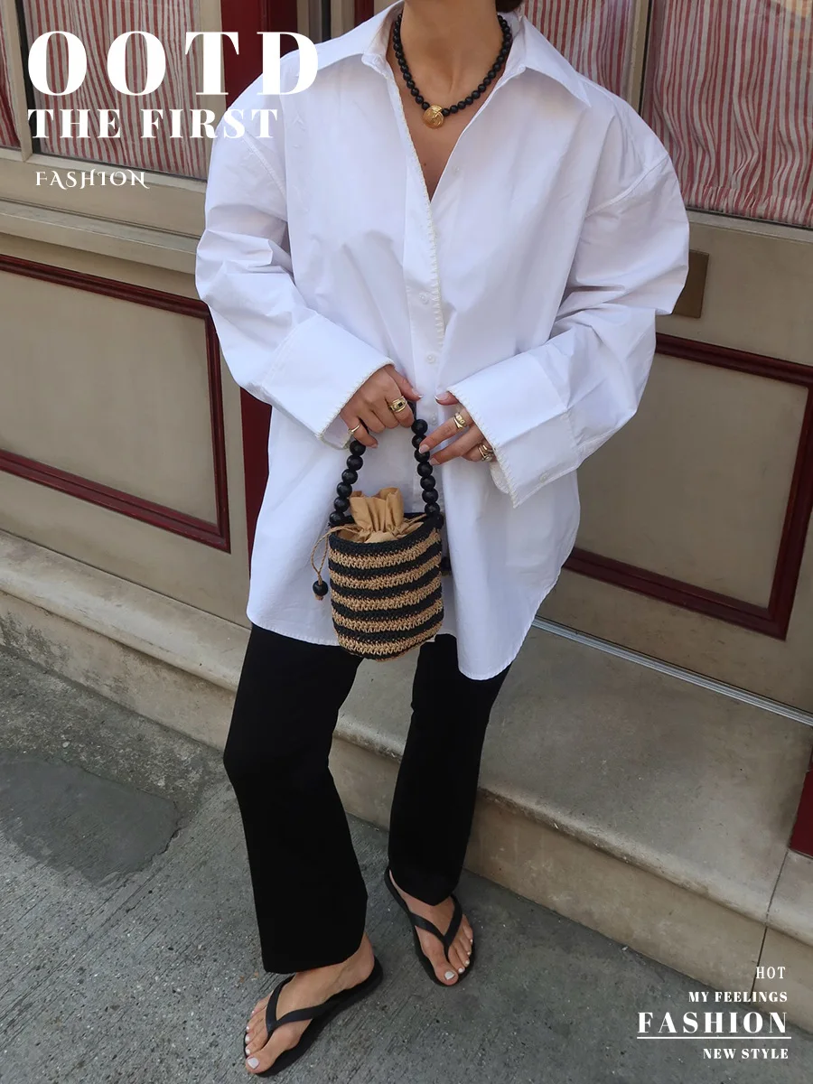 Bornladies Cotton Women's Minimalist White Long Sleeve Shirt New Autumn Lapel Single Breasted Shirts Loose Blouse