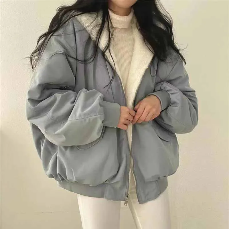 Smvp Winter Thicken Warm Parkas Women Fashion Double Sided Hooded Fleece Coat Ladies Korean Loose Long Sleeve Zip Up Jackets