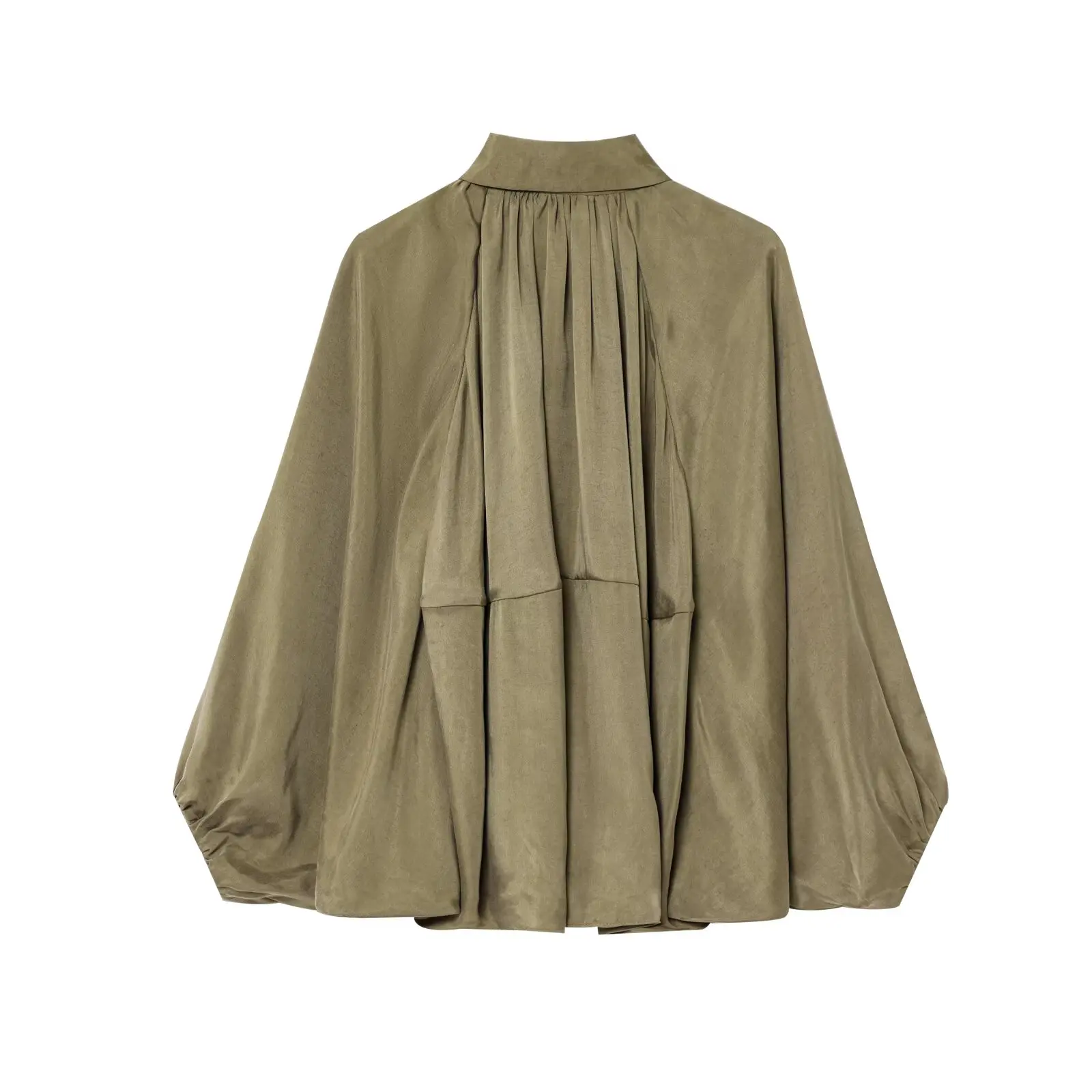 YENKYE Elegant Pleated Green Oversize Bomber Jacket Women Batwing Sleeve Lapel Collar 2025 Spring Coat Street Commuter Lady Top