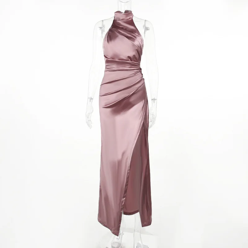 2026 Retro Style Satin Halter Maxi Dress Elegant Waist Slimming High Slit Party Formal Events Solid Color Minimalism Long Skirt