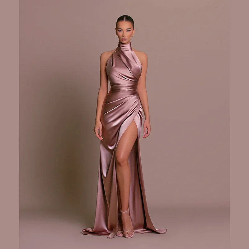 2026 Retro Style Satin Halter Maxi Dress Elegant Waist Slimming High Slit Party Formal Events Solid Color Minimalism Long Skirt