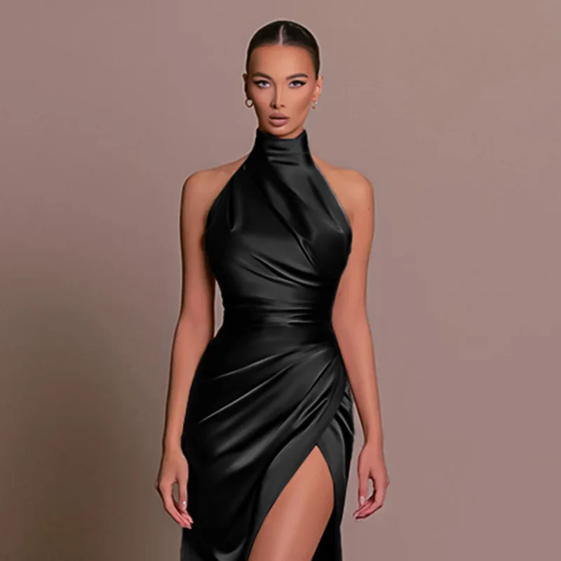 2026 Retro Style Satin Halter Maxi Dress Elegant Waist Slimming High Slit Party Formal Events Solid Color Minimalism Long Skirt