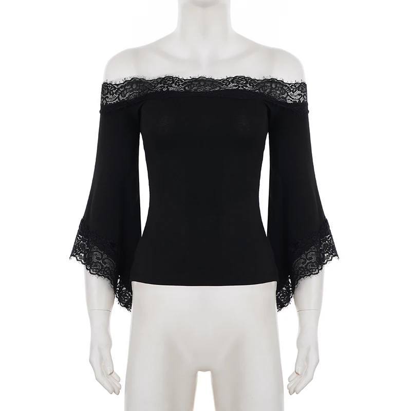 SUCHCUTE Off-the-shoulder Lace-trim Patchwork Bell Sleeves Top Women Elegant Slim T-shirts Y2k Casual Pullovers Tees Coquette