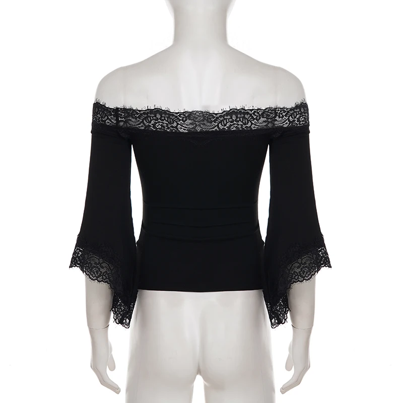 SUCHCUTE Off-the-shoulder Lace-trim Patchwork Bell Sleeves Top Women Elegant Slim T-shirts Y2k Casual Pullovers Tees Coquette