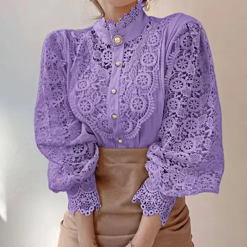 New Women's Long Sleeve High Neck Chic Blouse, Lace Paneled Hollow Sleeve Elegant Top, Vintage Fashion Office Lady Outfits