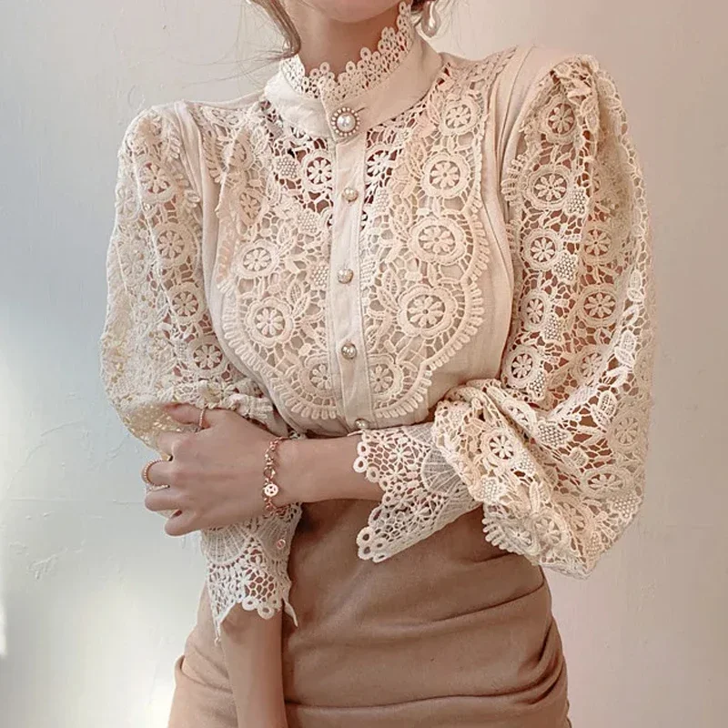 New Women's Long Sleeve High Neck Chic Blouse, Lace Paneled Hollow Sleeve Elegant Top, Vintage Fashion Office Lady Outfits