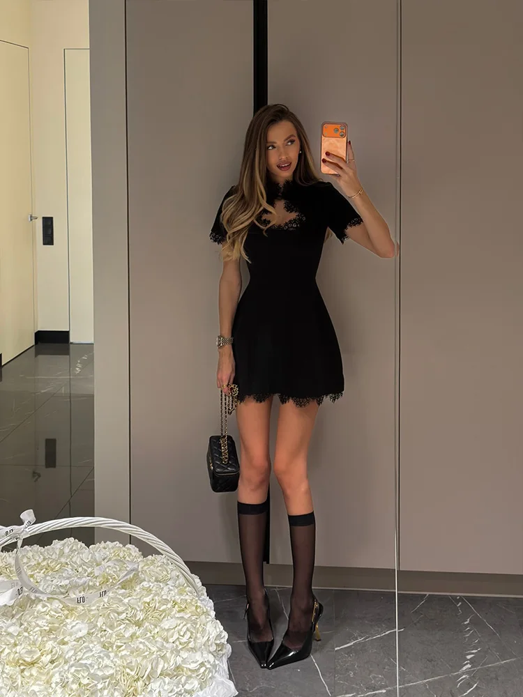 Ahagaga Sexy Women's Mini Dresses Patchwork Short Sleeves Lace Hollow Out Slim Fit Trend Baisc Turtleneck Streetwear Female Robe