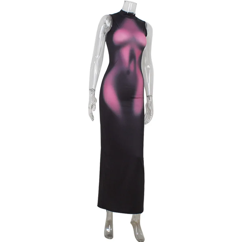 Body Print Dresses For Women Fashion Sexy Tank Streetwear Sleeveless O-Neck Sheath Hip Wrap Long Vestidos Robes Female Clubwear