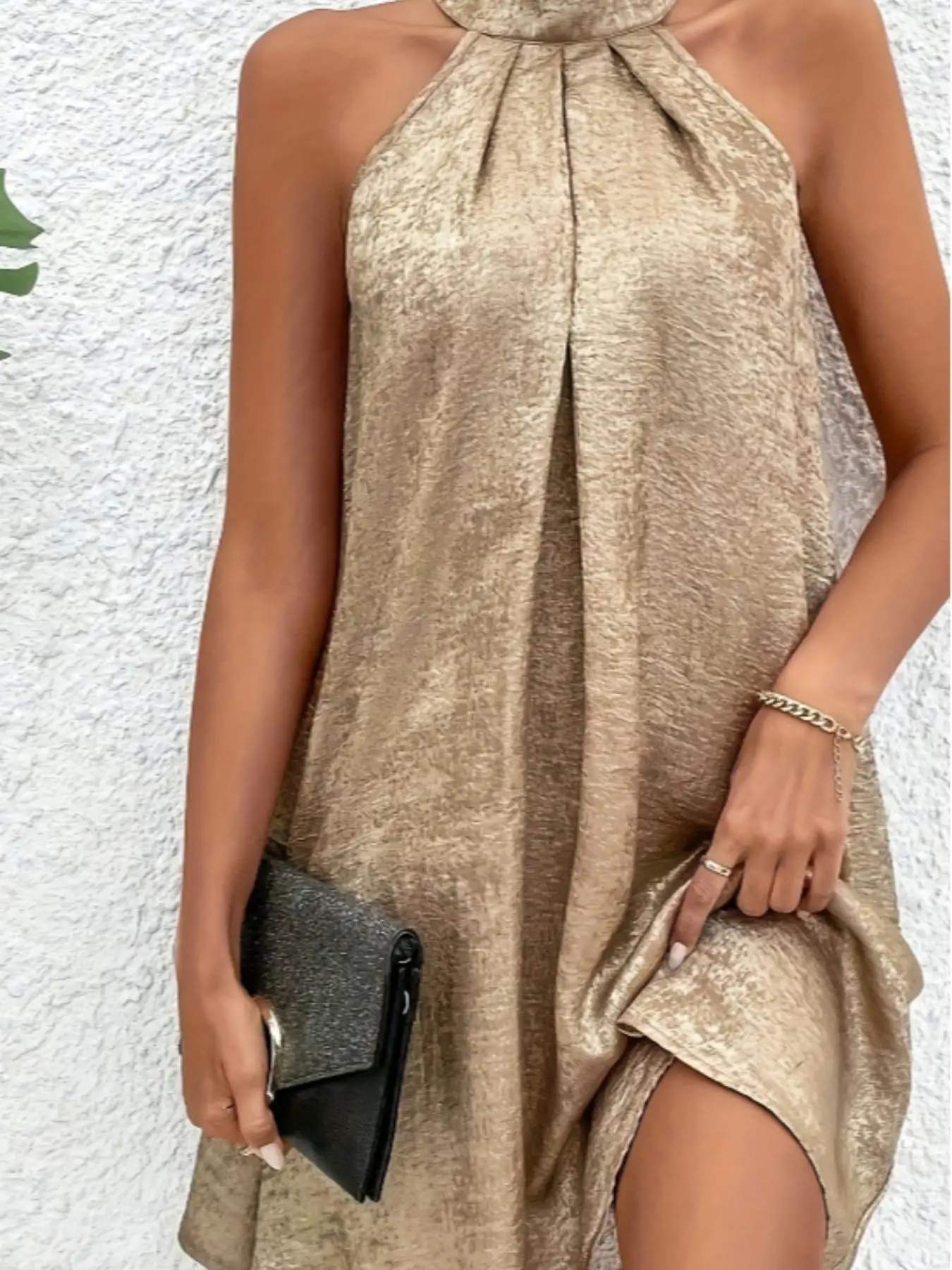 Champagne Color Women's Halter Neck Cold Shoulder Tie Back Spaghetti Strap Sleeveless Summer Dress Fashion