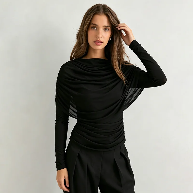 Long sleeved mesh patchwork hanging collar pleated shawl slim fit T-shirt top
