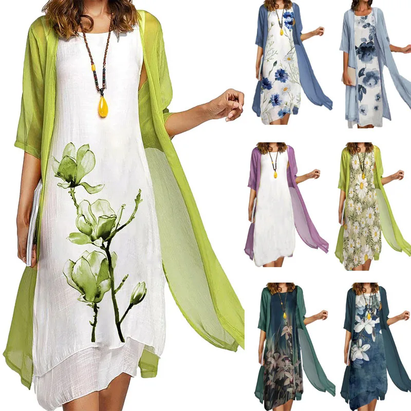 2025 New! EU-US Summer Women's Casual Elegance 2 Printed Crew-Neck Loose Dress Sweater Coat Set