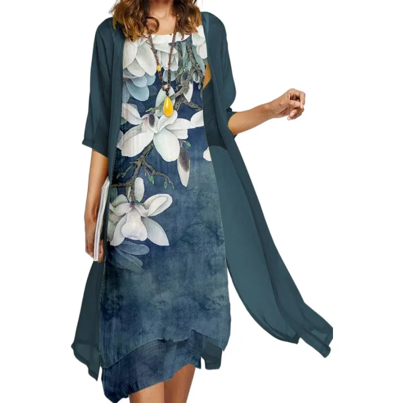 2025 New! EU-US Summer Women's Casual Elegance 2 Printed Crew-Neck Loose Dress Sweater Coat Set
