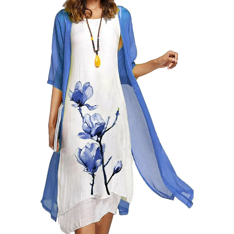 2025 New! EU-US Summer Women's Casual Elegance 2 Printed Crew-Neck Loose Dress Sweater Coat Set