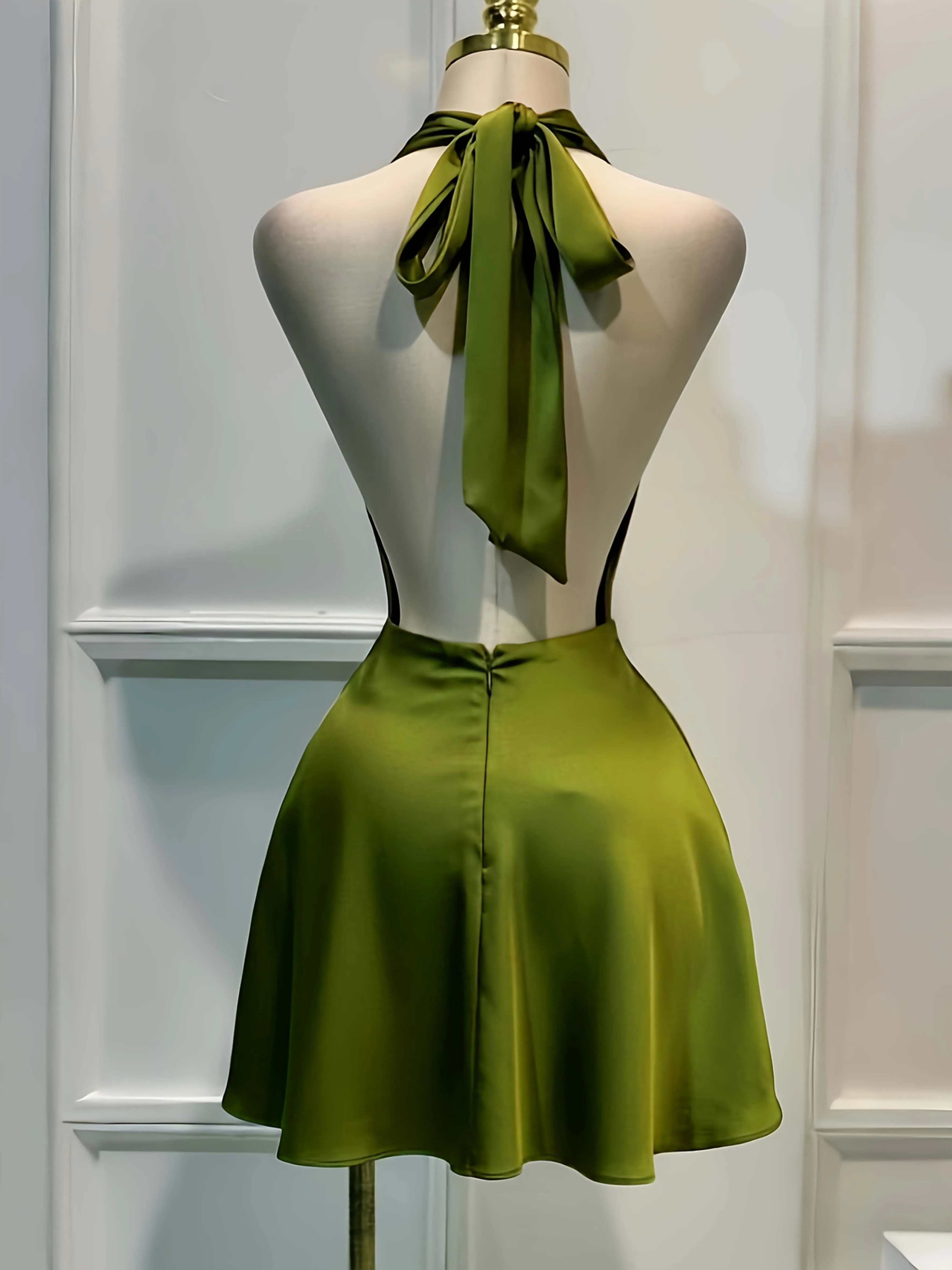 Women Elegant Solid Satin Dress, Back Zipper Open Back Fitted Midi Dress, Casual Vacation Party Banquet Cocktail Gown