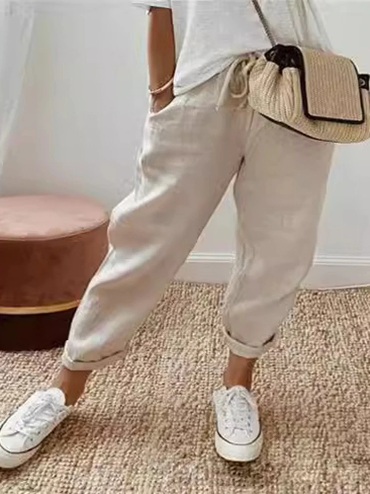 2026 Summer Cotton Linen Pants Women Drawstring High Waist Elastic Casual Trousers Breathable Female Bottoms Loose Pencil Pants