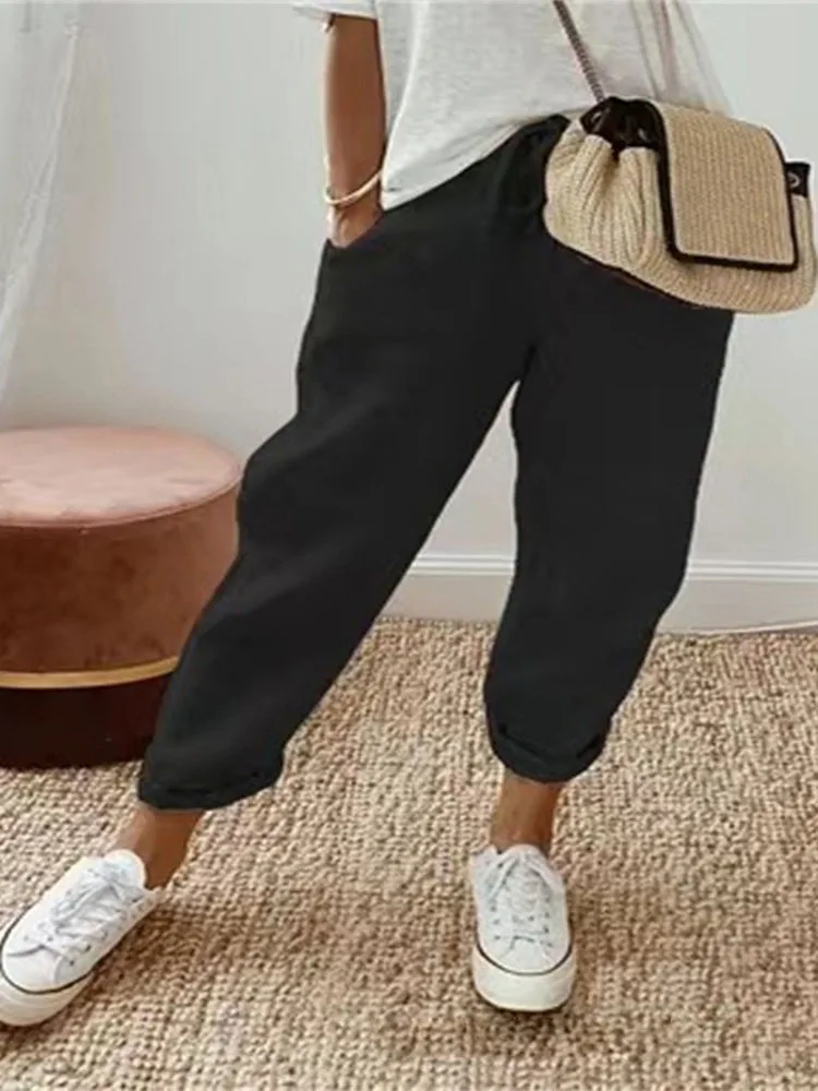 2026 Summer Cotton Linen Pants Women Drawstring High Waist Elastic Casual Trousers Breathable Female Bottoms Loose Pencil Pants